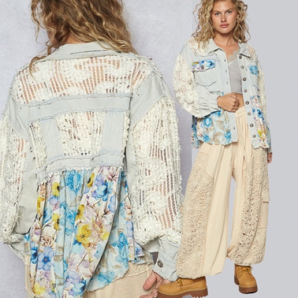 Tops - NEW POL
Denim Patchwork Floral Lace Boho Shirt Jacket